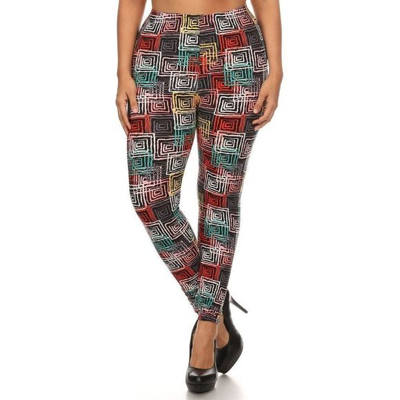 (Plus) Curvy Black Multi Abstract Geometric Pattern Print Leggings - Picture 2 of 5